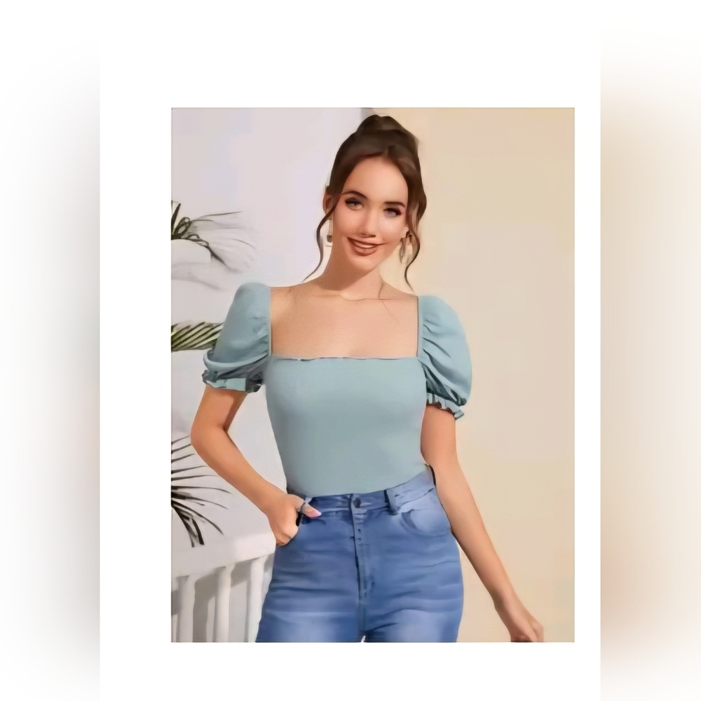 SHEIN Light Blue Puff Sleeve Blouse